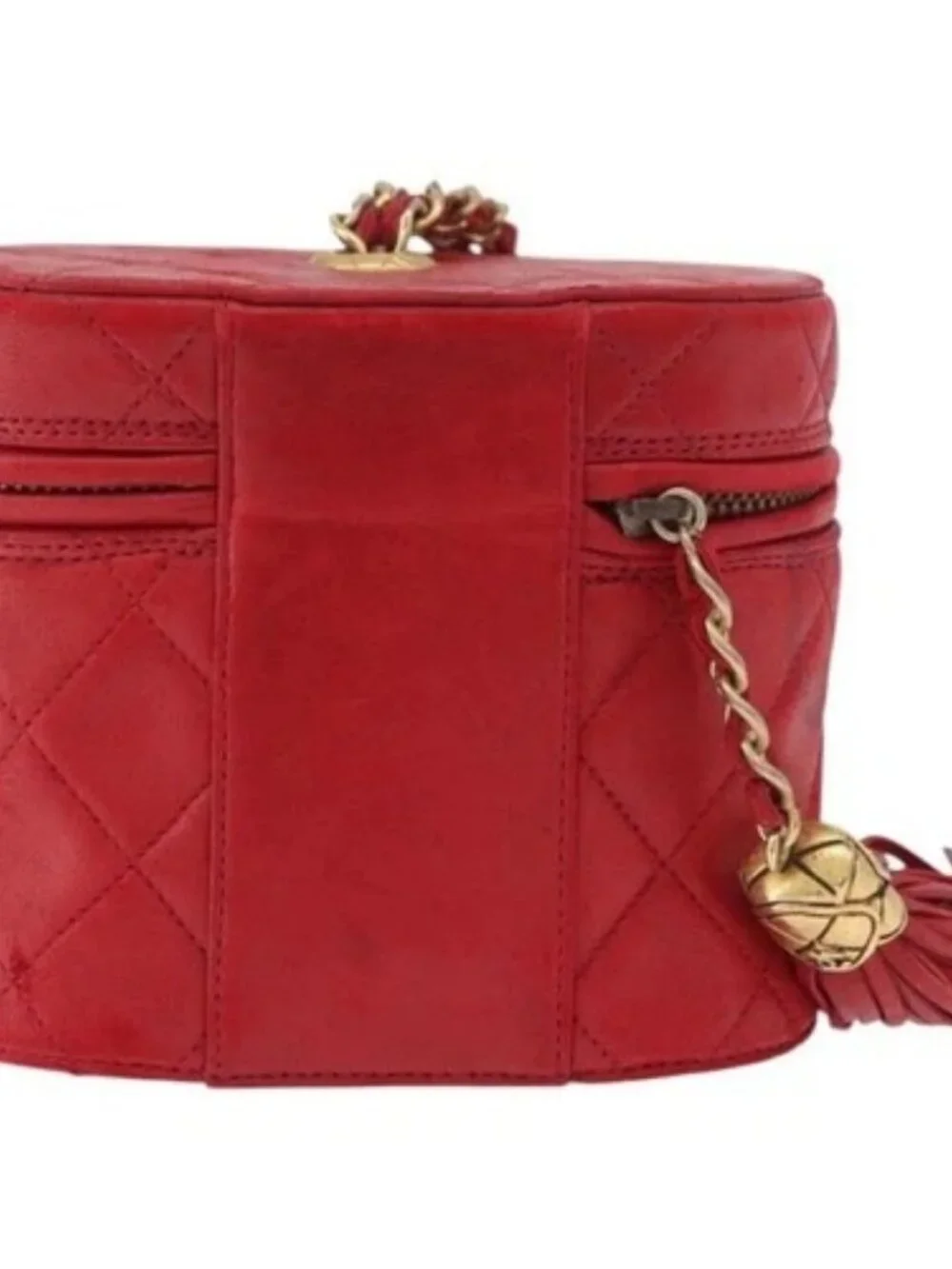 CHANEL Chain Shoulder Bag Lamb Skin Red Gold CC Auth AMZ310A